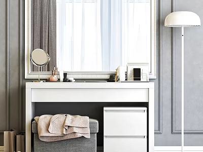 Modern Dressing Table With Decorative Mirror Drawers And Floor Lamp 3d model