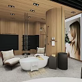 Luxury Bathroom Store with Modern Wooden Walls Bathtub Seating and Large Screen