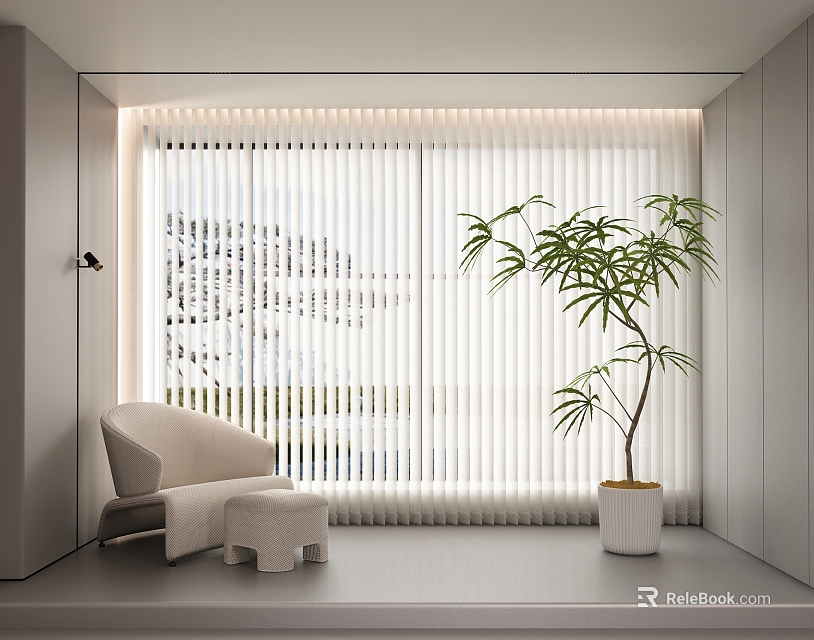 Stylish Window Blinds Enhance Modern Room Interior With Comfortable Chair And Green Plant 3d model 