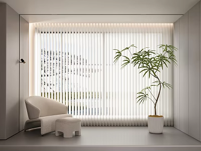 Stylish Window Blinds Enhance Modern Room Interior With Comfortable Chair And Green Plant 3d model