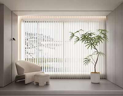 Stylish Window Blinds Enhance Modern Room Interior With Comfortable Chair And Green Plant 3d model