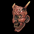 Traditional Red Horned Carved Wooden Mask With Intricate Facial Features