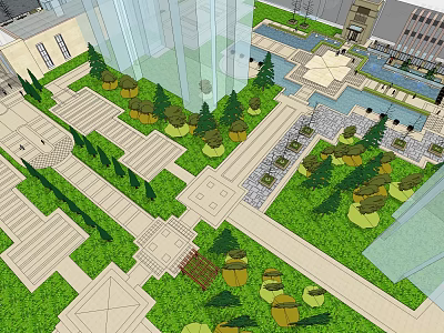 Residential Landscape Design With Lush Greenery Trees And Geometric Pathways 3d model