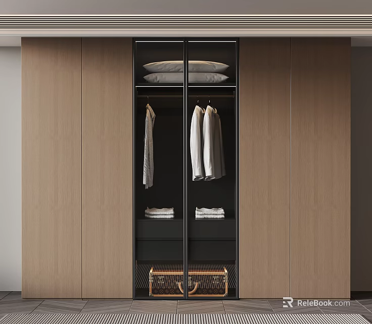 Modern Wardrobe Interior Design With Natural Wood Finish Hanging Shirts Folded Clothes And Storage Basket 3d model 