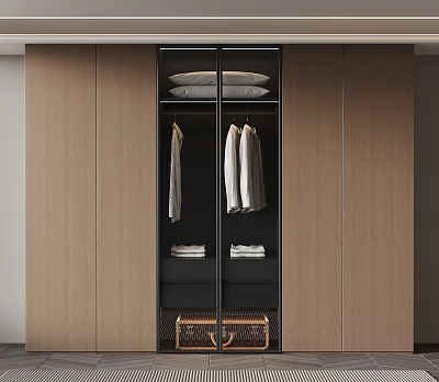 Modern Wardrobe Interior Design With Natural Wood Finish Hanging Shirts Folded Clothes And Storage Basket 3d model