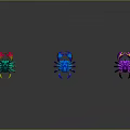 Four Colorful Crab Models in Green Blue Red Purple with Reflection on Gray Gradient Surface