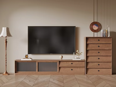 Cozy Living Room Featuring Large TV Wooden Stand Dresser Floor Lamp And Herringbone Floor 3d model