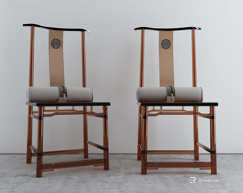 Two Leisure Chairs In Traditional Chinese Design With Wooden Frame Circular Pattern And Gray Cushion 3d model 