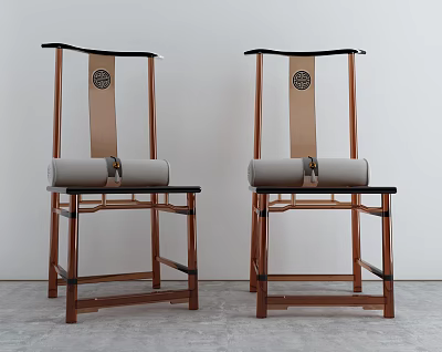 Two Leisure Chairs In Traditional Chinese Design With Wooden Frame Circular Pattern And Gray Cushion 3d model