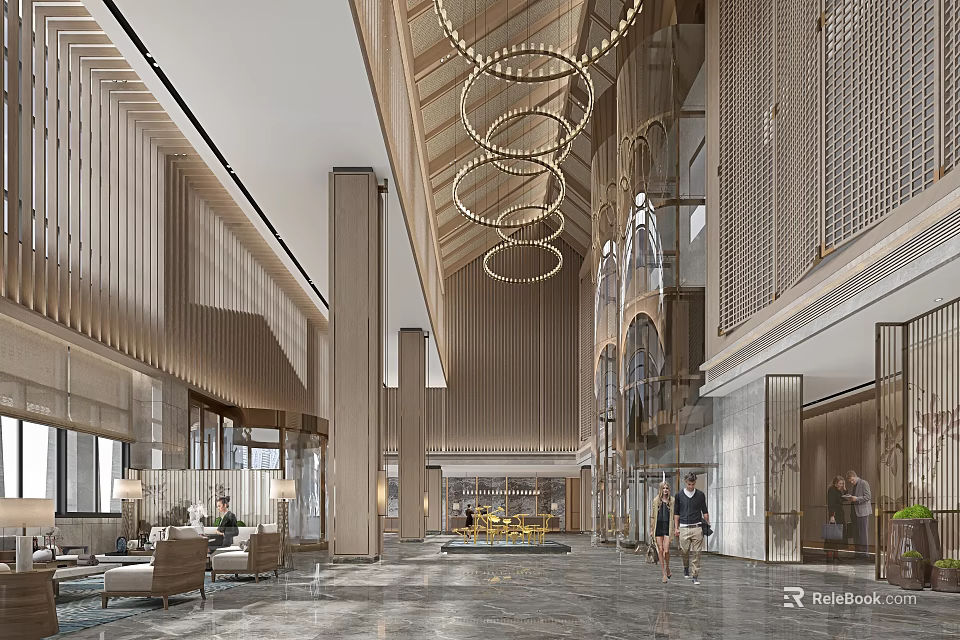 Elegant Modern Hotel Lobby With Circular Chandeliers Wooden Decor Marble Floor And Sofas 3d model 