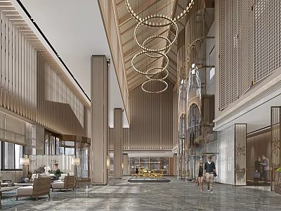 Elegant Modern Hotel Lobby With Circular Chandeliers Wooden Decor Marble Floor And Sofas 3d model
