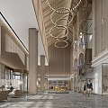 Elegant Modern Hotel Lobby With Circular Chandeliers Wooden Decor Marble Floor And Sofas