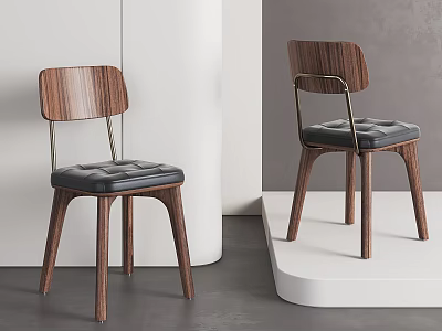 Modern Minimalist Single Chair Featuring Walnut Wood Frame Black Leather Seat And Metal Accents 3d model