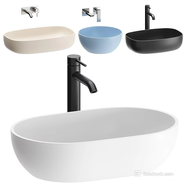 Modern Stylish Washbasins In Various Colors With Black Faucet Design 3d model 