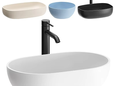 Modern Stylish Washbasins In Various Colors With Black Faucet Design 3d model