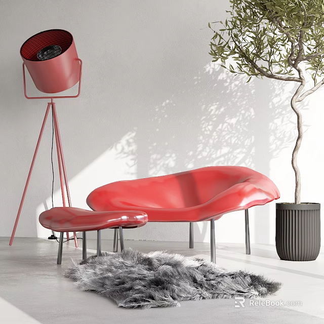 Red Modern Leisure Chair With Ottoman And Floor Lamp Near Olive Tree On Fur Rug 3d model 