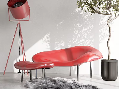 Red Modern Leisure Chair With Ottoman And Floor Lamp Near Olive Tree On Fur Rug 3d model