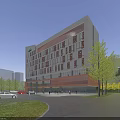 Modern Office Building with Solar Panels Surrounded by Greenery Parking Lot and Trees Near Road