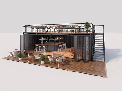 Two Story Container Cafe Building With Wooden Deck Outdoor Tables Chairs And Plants 3d model