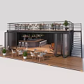 Two Story Container Cafe Building With Wooden Deck Outdoor Tables Chairs And Plants