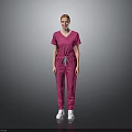A Woman Standing In Pink Scrub Suit With White Sneakers On Gray Background