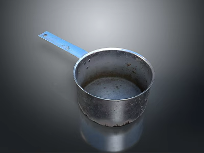 Vintage Metal Measuring Cup With Long Handle And Worn Surface For Kitchen Use 3d model