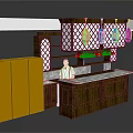 Traditional Restaurant Interior With Wooden Counter Lanterns Lattice Decor And Marble Top