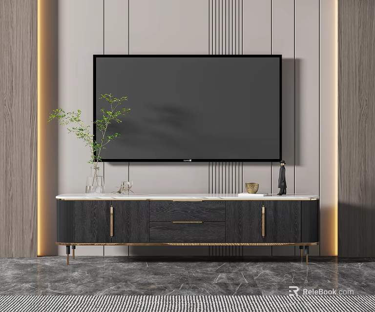 Elegant Black TV Stand With Gold Accents White Marble Top And Decorative Ornaments 3d model 