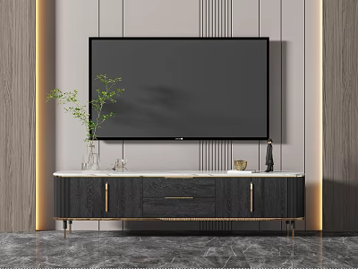 Elegant Black TV Stand With Gold Accents White Marble Top And Decorative Ornaments 3d model
