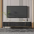 Elegant Black TV Stand With Gold Accents White Marble Top And Decorative Ornaments