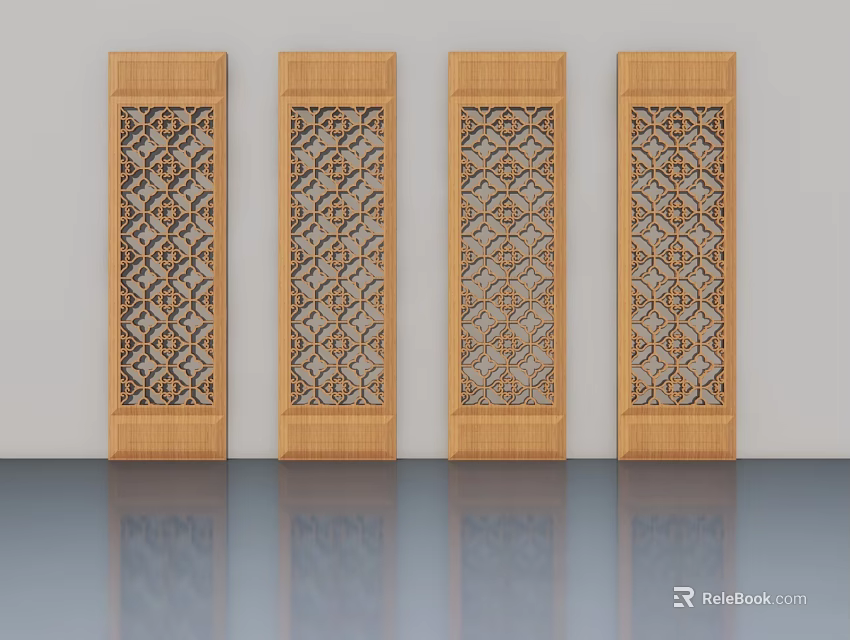 Wooden Hinged Doors With Intricate Carved Patterns Four Panel Design 3d model