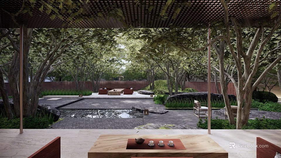 Tranquil Garden Landscape With Lush Trees Water Pond And Cozy Seating Area 3d model 