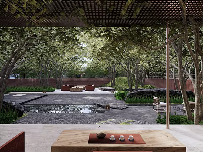 Tranquil Garden Landscape With Lush Trees Water Pond And Cozy Seating Area 3d model