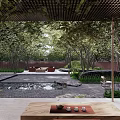 Tranquil Garden Landscape With Lush Trees Water Pond And Cozy Seating Area