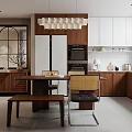 Modern Living and Dining Room with Brown Sofa Round Chandelier and Decorative Painting