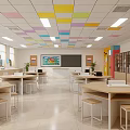 School Cafeteria Interior With Colorful Ceiling Yellow Walls Tables And Storage Cabinets