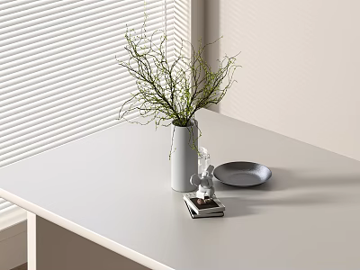 White Vase with Green Branches on Light Gray Table with Small Decor Against White Blinds 3d model