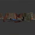 Worn Wall Structures With Draped Cloths And Blue Metal Container Object