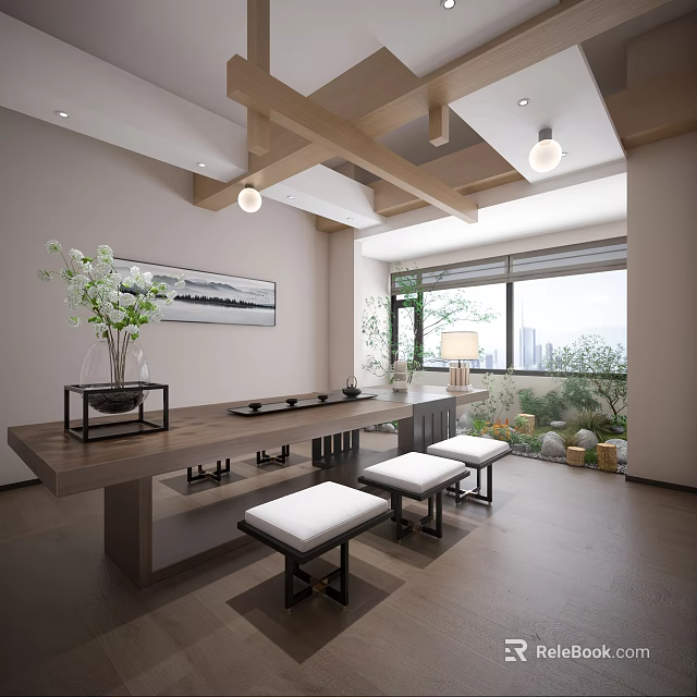 Traditional Tea Room Interior With Wooden Beams Table Stools Decorative Painting And Greenery View 3d model 