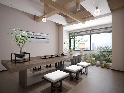 Traditional Tea Room Interior With Wooden Beams Table Stools Decorative Painting And Greenery View 3d model