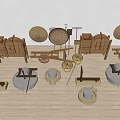 Traditional Wooden Industrial Equipment Including Carts Stone Mills Bamboo Hats And Buckets