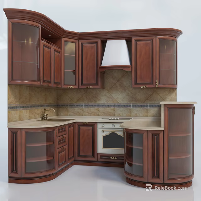 Wooden Kitchen Cabinets With Glass Doors Corner Design And Tile Backsplash 3d model 