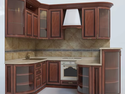 Wooden Kitchen Cabinets With Glass Doors Corner Design And Tile Backsplash 3d model