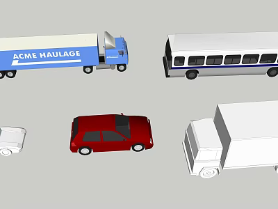 Red Car With Blue Haulage Truck White Bus And Small Van 3d model