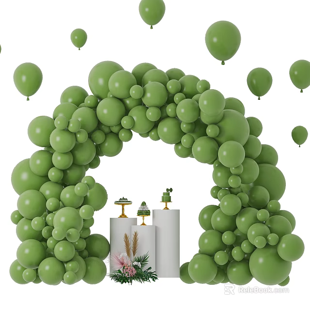 Green Balloon Arch Decoration with White Pillars Candle Holders and Flowers 3d model 