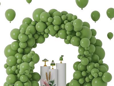 Green Balloon Arch Decoration with White Pillars Candle Holders and Flowers 3d model