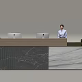 Modern Front Desk Reception With Marble Wooden Counter Two Computers Receptionist And Golden Ring Decor