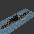 Large Military Battleship Sailing on Blue Ocean with Turrets and Waves
