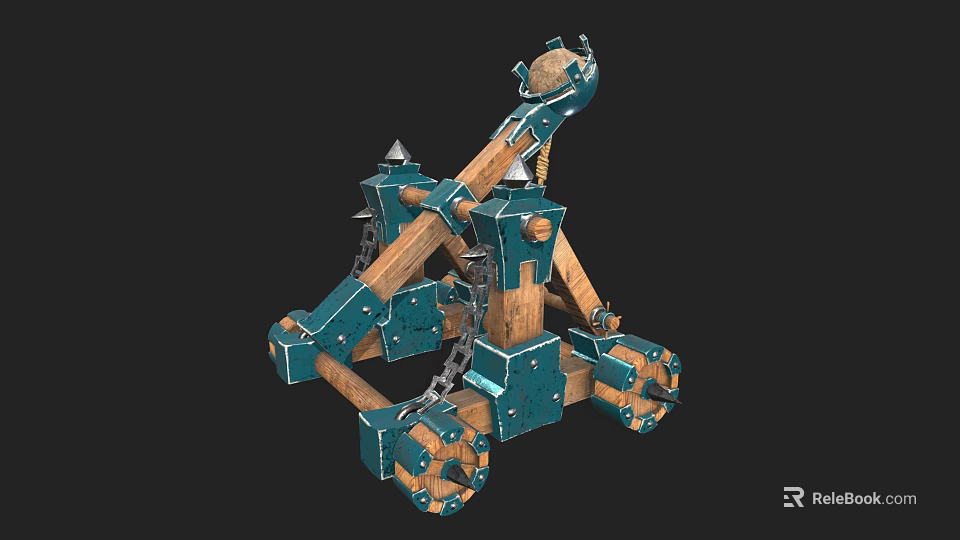 Medieval Siege Weapon With Wooden Structure Blue Metal Components Spikes And Chains 3d model 