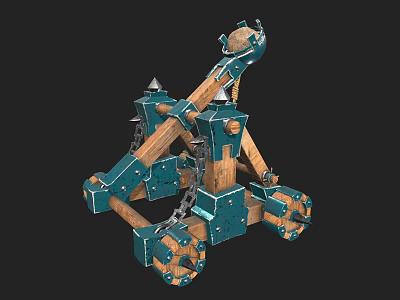 Medieval Siege Weapon With Wooden Structure Blue Metal Components Spikes And Chains 3d model